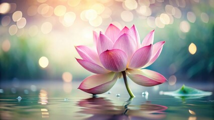 Poster - A serene pink lotus blossom floats gently on tranquil water, reflecting the soft, ambient light and creating a peaceful, ethereal atmosphere.