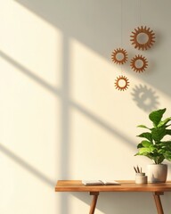 Aufkleber - Minimalist Workspace Vignette Wooden Desk with Floating Gear Decor and Greenery - Inspiring Office Design and Creative Problem-Solving for Modern Business Environments