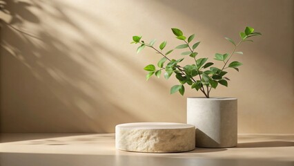 Aufkleber - Serene Minimalist Still Life with Natural Elements and Stone Platforms
