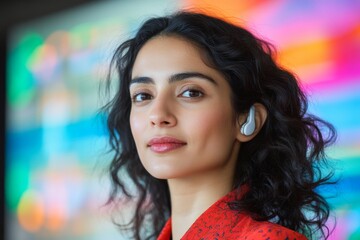 Leinwandbilder - Vibrant Professional Presentation South Asian Woman with Hearing Aid in Bright Digital Space - Healthcare and Pharma Communication for Modern Business Strategy