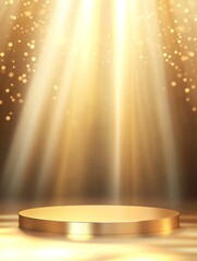 Sticker - 3D vector illustration of a golden podium with a light beam, providing an empty space for product presentation.