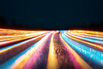 Aufkleber - Neon Cyber Highway Futuristic Light Trails on Wet Road Surface - Cutting-Edge Digital Communication Visuals for Tech Industry Marketing and Innovation