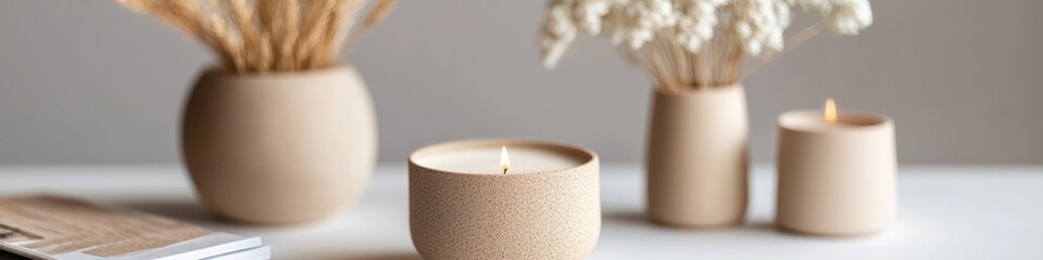 Poster - Minimalist Ceramic Candle Display Earthy Texture with Neutral Palette - Tranquil Home Decor and Wellness Ambiance for Modern Living Spaces