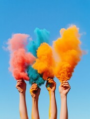Aufkleber - Vibrant Festival Aesthetic Hands Throwing Colorful Powder Against Blue Sky - Event Promotion and Cultural Marketing for Communal Joy Representation