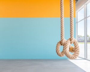 Aufkleber - Vibrant Industrial Gym Design Climbing Ropes on Vivid Color Block Wall - Modern Fitness Center Content and Professional Training Facility Promotion
