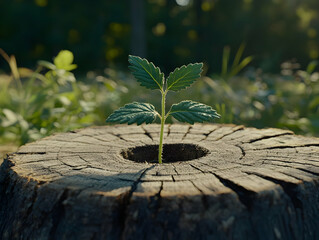 Wall Mural - Young sprout growing from tree stump in sunlight. Possible use Nature, growth, new life