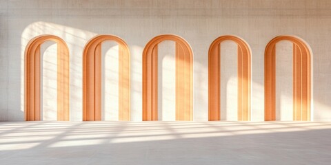 Aufkleber - Mid-Century Arch Design Sunlit Terracotta Columns in Minimalist Space - Modern Commercial Interiors and Architectural Visuals for Design Firms