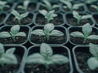 Wall Mural - Seedlings in small pots, indoor gardening, starting plants, close up view. Possible use Stock photo for gardening, agriculture, or nature themes