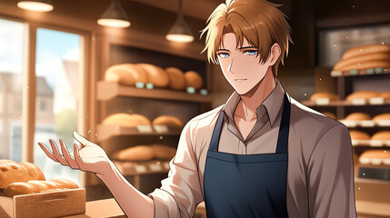 A man in an apron holding a loaf of bread in a whimsical anime bakery filled with various bread creations and colorful decorations