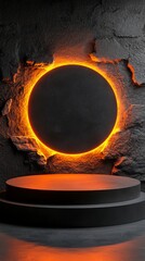 Wall Mural - Black podium with orange light on a dark background, a spotlight illuminating the pedestal in front view.