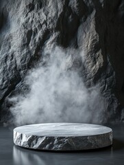 Canvas Print - Stone round podium on a black background with smoke and a cave wall behind, a mockup for a product presentation.