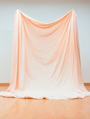 Poster - Elegant Minimalist Theater Backdrop Soft Fabric Drape on Wooden Floor - Modern Event Decor and Creative Stage Design for Theater Productions