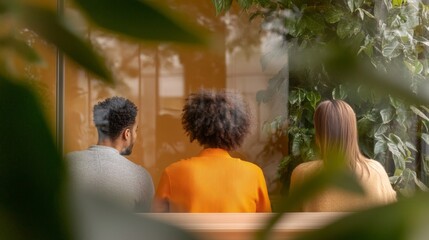 Poster - Casual Collaborative Office Retreat Diverse Team Relaxing Amidst Lush Indoor Greenery for Innovative Project Reflection in Modern Business Settings