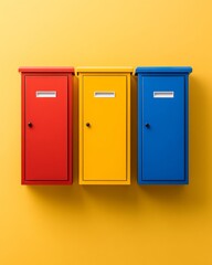 Poster - Vibrant Recycling Stations Colorful Metal Containers on Yellow Background - Eco-Friendly Content for Waste Management and Urban Sustainability Education