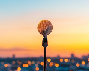 Poster - Retro-Futuristic Microphone on Stage with Golden Hour Lighting - Impactful Public Speaking Content for Leadership Coaching and Contemporary Event Presentation Strategy