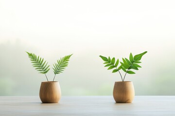 Poster - Minimalist Office Decor Wooden Planters with Greenery on Desk - Enhancing Workspace Aesthetics and Eco-Friendly Corporate Branding for Modern Business Environments