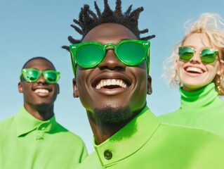 Aufkleber - Vibrant Midnight Green Ensemble Diverse Young Adults in Eco-Friendly Apparel for Dynamic Social Branding and Innovative Outdoor Lifestyle Content