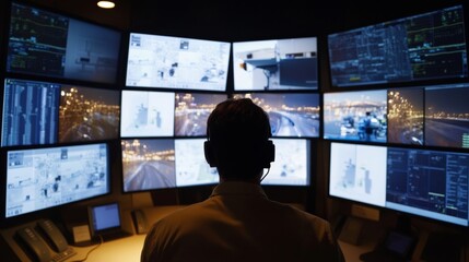 Leinwandbilder - Futuristic Medical Monitoring Doctor Analyzing Digital Interface with Multiscreen Data Panels in High-Tech Control Room - Advanced Healthcare Diagnostics for Enhanced Patient Care