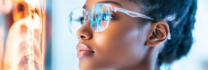 Aufkleber - Futuristic Healthcare Visualization Diverse Female Professional with Reflective Screen Glasses - Medical Innovation and Data Insights for Modern Hospital Environments