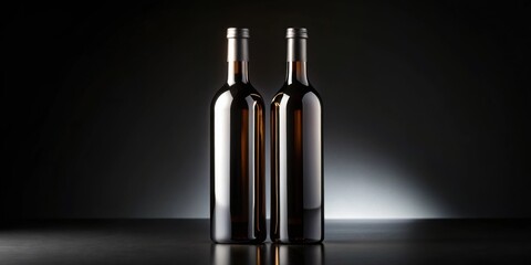 Poster - Elegant dark glass bottles on a reflective surface, showcasing a sophisticated and minimalist design aesthetic