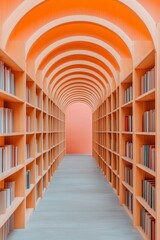 Poster - Mid-Century Modern Library Interior Endless Wooden Bookshelves Under Curved Ceiling - Knowledge Repository Design in Educational Spaces for Engaging Literary Experiences