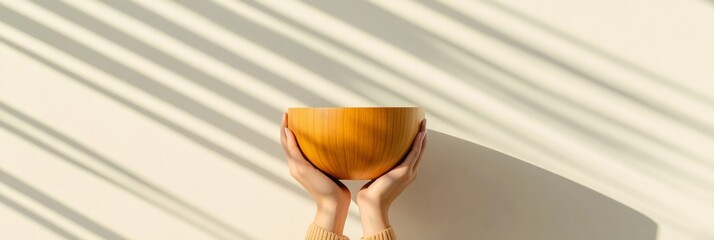 Poster - Minimalist Natural Decor Wooden Bowl in Sunlit Setting - Premium Content for Eco-Friendly Lifestyle Branding and Sustainable Design Showcases