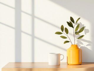 Poster - Modern Minimalist Workspace Sunlit Wooden Table with Yellow Ceramic Vase and Greenery - Eco-Friendly Design and Stylish Office Decor for Creative Professionals