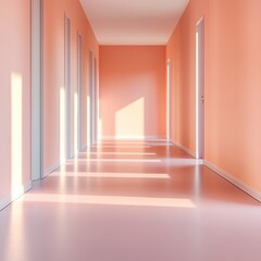 Aufkleber - Serene Minimalist Hospital Corridor Sunlit Peach Hues and Sleek Design Elements - Healthcare Facility Promotion and Modern Patient Experience Enhancement