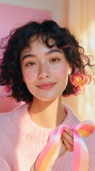 Aufkleber - E-Girl Aesthetic Health Campaigns Latina Woman (20s) with Colorful Hair and Pink Ribbon in Pastel Room - Youth Engagement and Awareness in Digital Health Campaigns