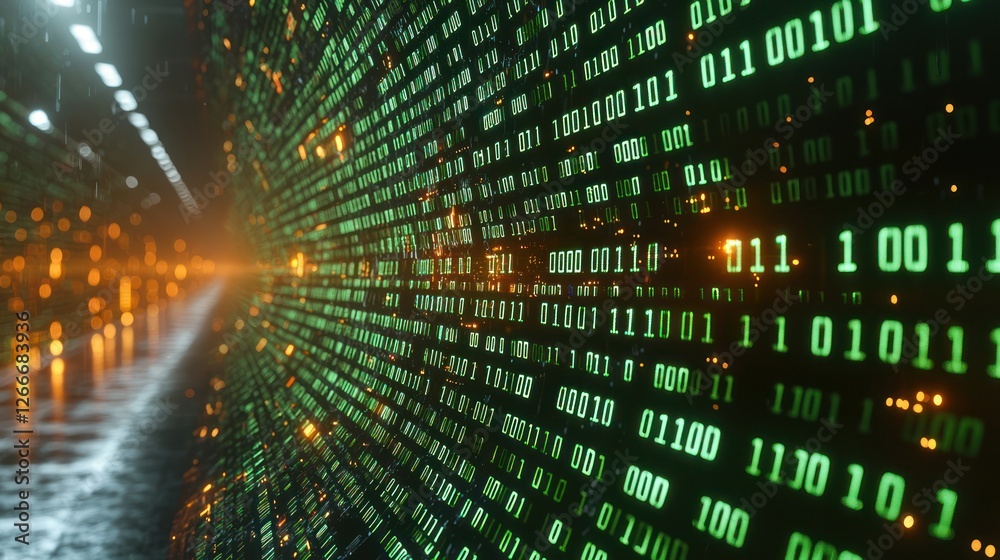 Binary code streams in dark cyberspace tunnel, data flow visualization