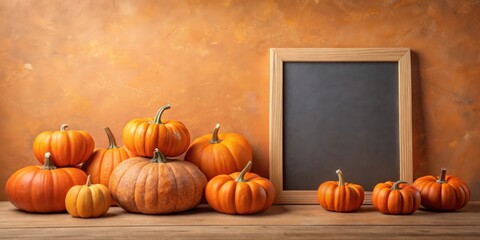 Poster - Autumnal Still Life with Pumpkins and Blank Chalkboard Sign for Seasonal Messages