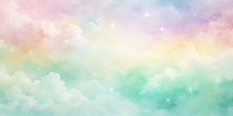 Poster - Dreamlike Pastel Sky with Soft Clouds and Sparkling Stars, a Serene Watercolor Painting of Celestial Beauty
