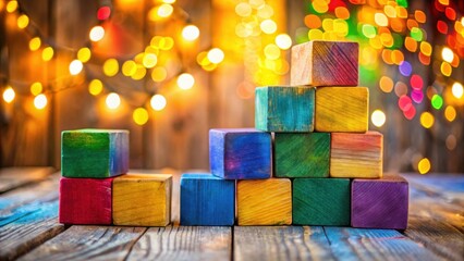 Poster - Colorful Wooden Blocks Arranged in a Pyramid Shape Against a Festive Bokeh Background