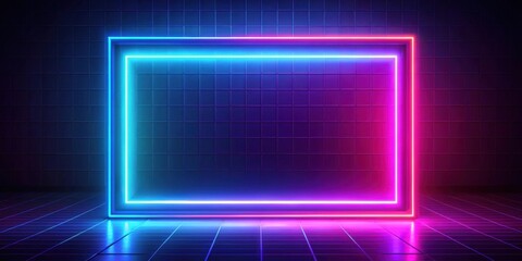 Fototapete - Vibrant Neon Frame Illuminating a Dark Room with a Gridded Floor and Wall
