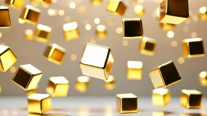 Poster - Floating golden cubes dance in a mesmerizing display of light and motion indoors. Generative AI