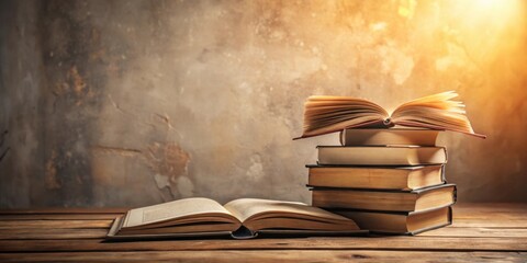Poster - A Stack of Vintage Books with an Open Book on a Wooden Table Against a Textured Wall Illuminated by Warm Light