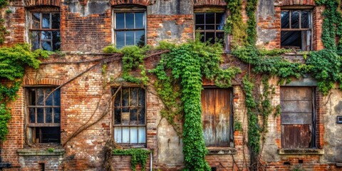 Poster - Overgrown Brick Facade with Weathered Windows and Doors