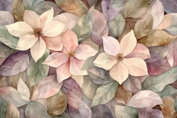 Wall Mural - Pastel magnolia blossoms and leaves, autumnal tones, nature background, wall art