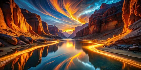 Poster - A Serene Sunset over a Canyon River with Vibrant Colors Reflecting in the Still Water