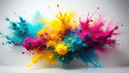 Leinwandbilder - A vibrant explosion of cyan, magenta, and yellow powder, creating a dynamic and colorful spectacle against a stark white backdrop.
