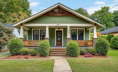 Wall Mural - A small, green craftsman-style home with white trim and large windows sits in the woods of North Carolina, surrounded by lush hedges.