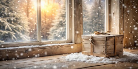 Poster - A Rustic Wooden Gift Box Rests on a Snowy Windowsill, Winter Wonderland Scene