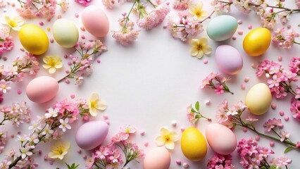 Poster - Pastel Easter Eggs and Delicate Spring Blossoms Frame a Blank Space for Your Festive Message