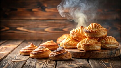 Poster - Golden-brown pastries arranged on a rustic wooden surface, emanating warmth and a delicious aroma, freshly baked and inviting a delightful culinary experience.