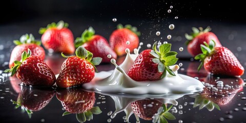 Poster - Juicy Red Strawberries Splashing into Creamy Milk creating a Delightful Culinary Scene