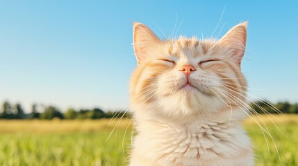 A happy cat enjoying a sunny day in a lush green field, radiating joy and contentment with a clear blue sky in the background.