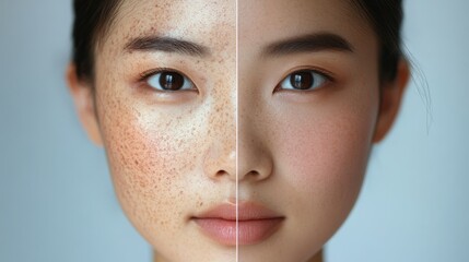 Canvas Print - asia Before and after photos of a problematic face and healthy skin. Before And After Portrait of a Young Woman's Face Showing Skin Pigmentation Treatment Results