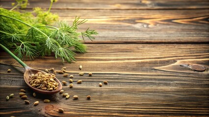 Poster - Rustic Wooden Tabletop Featuring Fresh Dill and Coriander Seeds in a Wooden Spoon