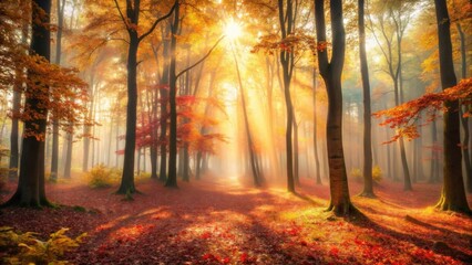 Poster - Golden Sunlight Illuminates a Misty Autumn Forest Path, Creating a Magical and Serene Atmosphere