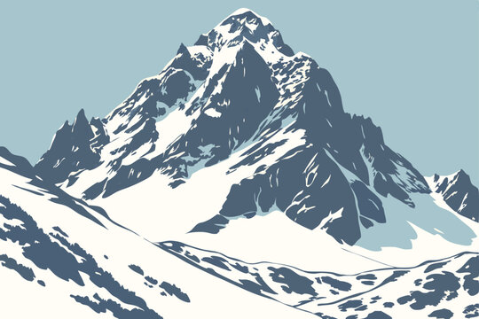   A photograph of a majestic mountain peak, taken from a low angle, with a clear, bright sky in the background. The peak is covered in snow and has jagged, rocky outcrops. The lighting is soft and na